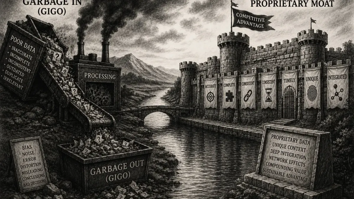 Illustration contrasting Garbage In, Garbage Out with Data as a proprietary moat.