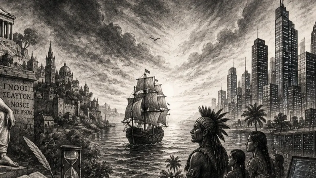 Charcoal illustration connecting a historic sailing ship and classical architecture with a modern city and computing.